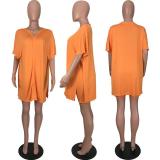 SC Solid V Neck Loose T Shirt And Shorts 2 Piece Set MX-10873