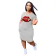 SC Lips Print Short Sleeve Round Neck T Shirt Dress YIM-8102