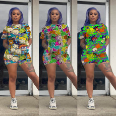 SC Plus Size Cartoon Print Short Sleeve Two Piece Sets FSL-080