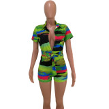 SC Colorful Printed Deep V Neck Sashes Rompers HM-M6199