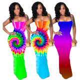 SC Tie Dye Print Backless Lace Up Split Maxi Dress LDS-T3201