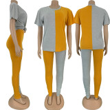 SC Contrast Color Short Sleeve Two Piece Pants Suit FNN-N8364