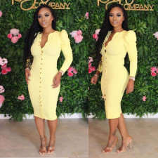 SC Solid Long Sleeve Buttons Slim Fit Midi Dress BGN-BN059