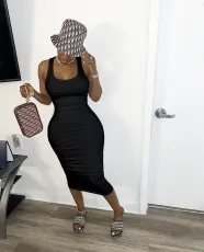 SC Solid Sleeveless Backless Lace Up Midi Dress ORY-5151