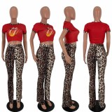 SC Leopard Tongue Print Short Sleeve 2 Piece Pants Set LDS-3208