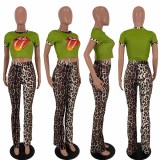 SC Leopard Tongue Print Short Sleeve 2 Piece Pants Set LDS-3208