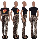 SC Leopard Tongue Print Short Sleeve 2 Piece Pants Set LDS-3208