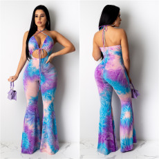SC Sexy Tie Dye Halter Backless Strappy Flared Jumpsuit LSL-6346