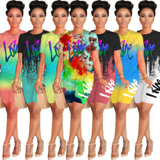 SC Tie Dye Letter Print Casual Two Piece Shorts Set WY-6673