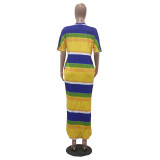 SC Colorful Stripe V Neck Split Maxi Dress IV-8085