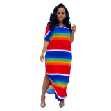 SC Colorful Stripe V Neck Split Maxi Dress IV-8085