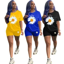 SC Plus Size Daisy Print T Shirt Shorts Two Piece Sets LDS-3218