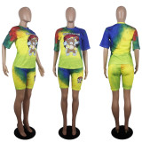 SC Tie-dye Cartoon Printed Short-Sleeved Shorts Two-piece Suit SHD-9241