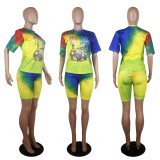 SC Tie-dye Cartoon Printed Short-Sleeve Shorts Suit SHD-9234