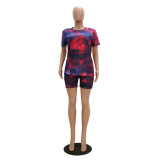 SC Plus Size Casual Tie-dye Printed Short Sleeve Shorts Suit TR-1027