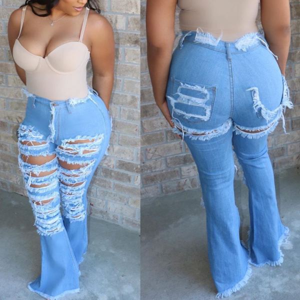 SC Denim Ripped Holes Boot Cut Long Jeans Pants OD-8342