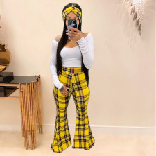 SC Trendy Plaid Flared Pant+T Shirt+HeadScarf 3 Piece Sets YIY-5167