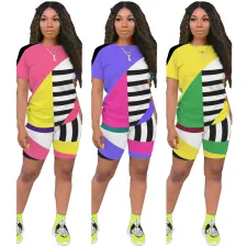 SC Plus Size Geometric Striped Casual Two Piece Shorts Set ASL-6263