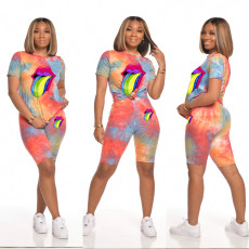 SC Tie Dye Tongue Print Casual Two Piece Shorts Set MIL-109