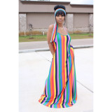 SC Colorful Stripe Loose Maxi Slip Dress With Headscarf BS-1187