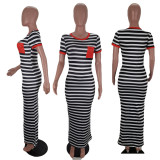SC Plus Size Striped Short Sleeve Maxi Dress BLI-2026