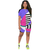 SC Plus Size Geometric Striped Casual Two Piece Shorts Set ASL-6263-1