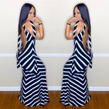 SC Sexy Black White Stripe Backless Maxi Dress LSL-6348