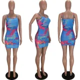 SC Tie Dye Letter Print Spaghetti Strap Mini Dress LM-8150
