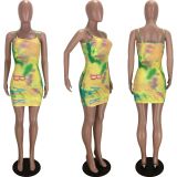 SC Tie Dye Letter Print Spaghetti Strap Mini Dress LM-8150