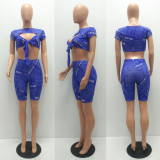SC Letter Print Tie Up Sexy Two Piece Shorts Set MAE-2032