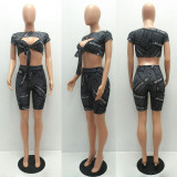 SC Letter Print Tie Up Sexy Two Piece Shorts Set MAE-2032