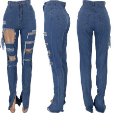 SC Plus Size Denim Ripped Hole Splt Long Jeans Pants CQ-010