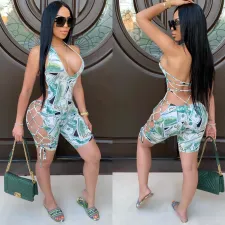 SC Plus Size Dollar Print Halter Hollow Lace Up Rompers SHD-9259