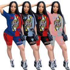 SC Plus Size Poker Print Two Piece Shorts Set DAI-8241