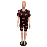 SC Lips Print T Shirt And Shorts Two Piece Suits QZX-6130