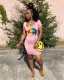 SC Lips Print Ruched Backless Short Sleeve Mini Dress WSM-5160