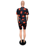 SC Lips Print T Shirt And Shorts Two Piece Suits QZX-6130