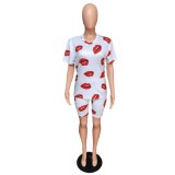 SC Lips Print T Shirt And Shorts Two Piece Suits QZX-6130