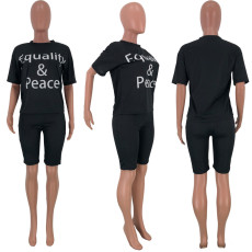 SC Black Letter Print T Shirt Shorts Two Piece Sets CYAO-8553