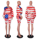 SC Plus Size America Flag Print Long Sleeve 2 Piece Shorts Set OYF-8198