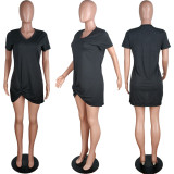 SC Plus Size Solid V Neck Ruched Irregular Mini Dress QY-5185