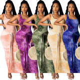 SC Tie Dye Print Sleeveless Sashes Slim Maxi Dress SFY-131