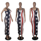 SC Plus Size America Flag Print Hollow Maxi Dress SHD-9265