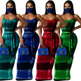 SC Tie Dye Print Sashes Slim Maxi Slip Dress SFY-130
