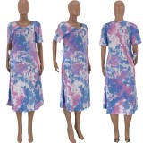 SC Plus Size Tie Dye Print V Neck Loose Midi Dress CQ-020