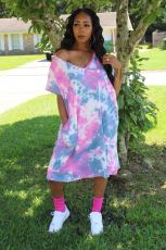 SC Plus Size Tie Dye Print V Neck Loose Midi Dress CQ-020