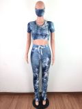 Tie Dye Short Sleeve Stacked Pants 2 Piece Sets With Mask LA-3193