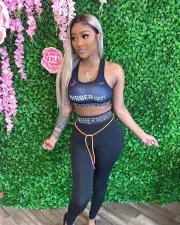 SC Letter Print Fitness Two Piece Pants Set FNN-8392