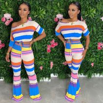 SC Colorful Stripe Oblique Collar Two Piece Pants Set FNN-8506