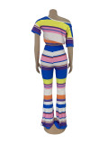 SC Colorful Stripe Oblique Collar Two Piece Pants Set FNN-8506